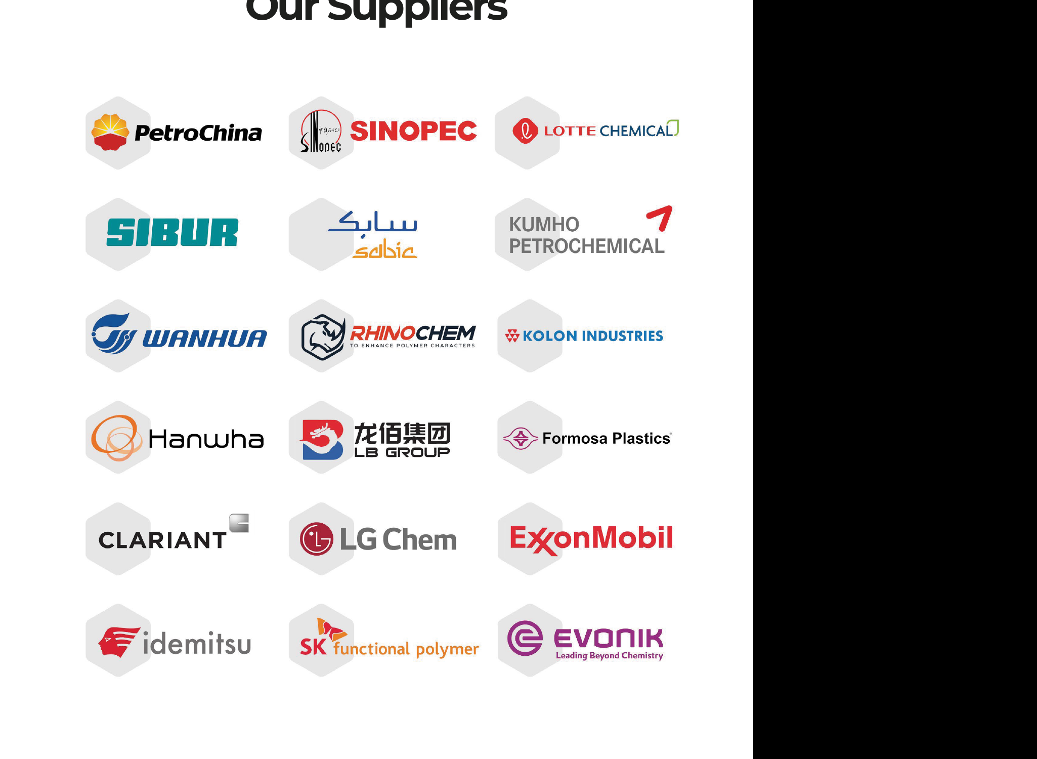 Supplier network including PetroChina, Sinopec, Lotte Chemical, Sibur, SABIC, Kumho Petrochemical, Wanhua, RhinoChem, Kolon Industries, Hanwha, LB Group, Formosa Plastics, Clariant, LG Chem, ExxonMobil, Idemitsu, SK Functional Polymer, Evonik